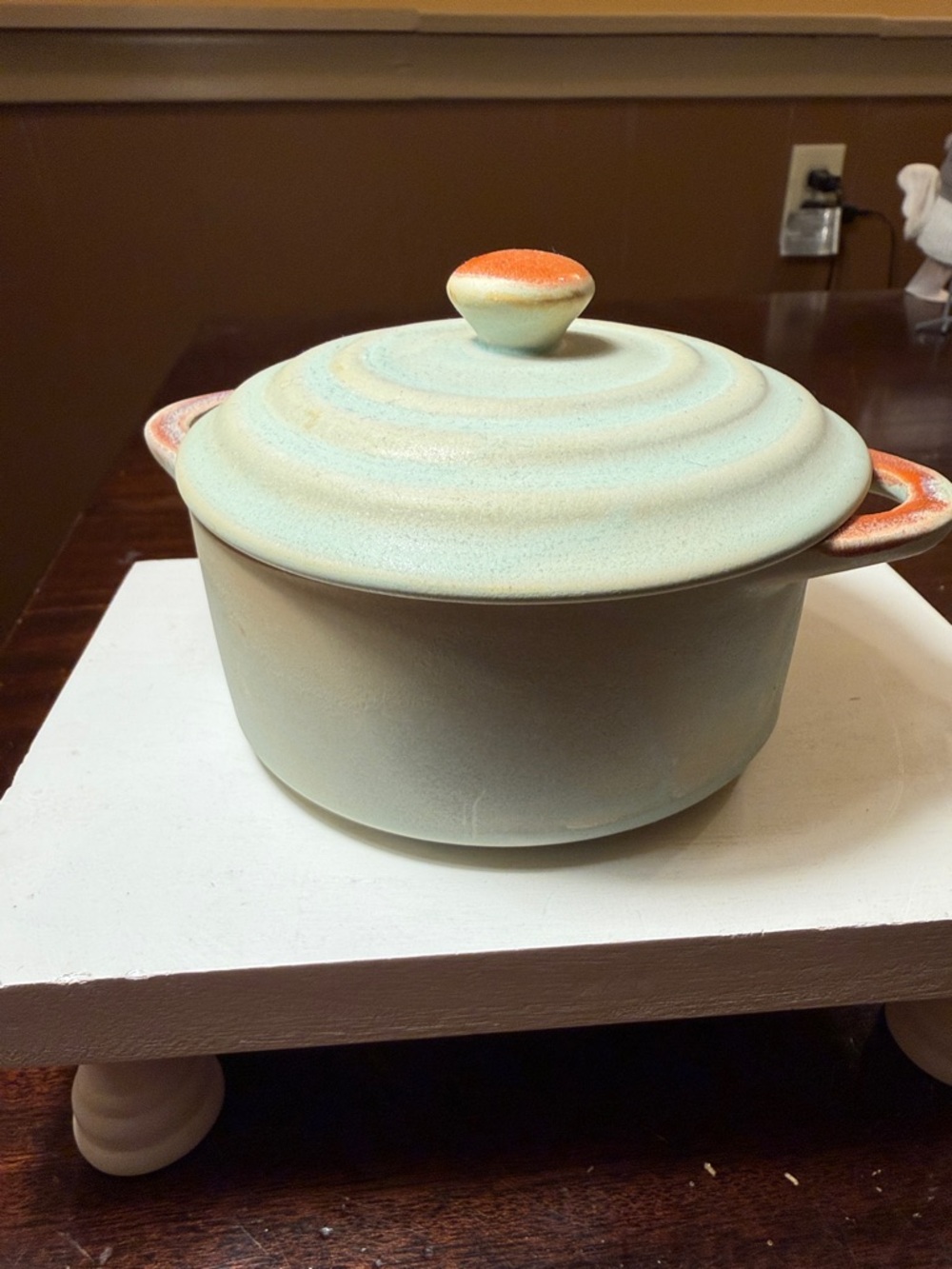 Stoneware Covered Dutch Oven - Light Aqua with Orange Accent
